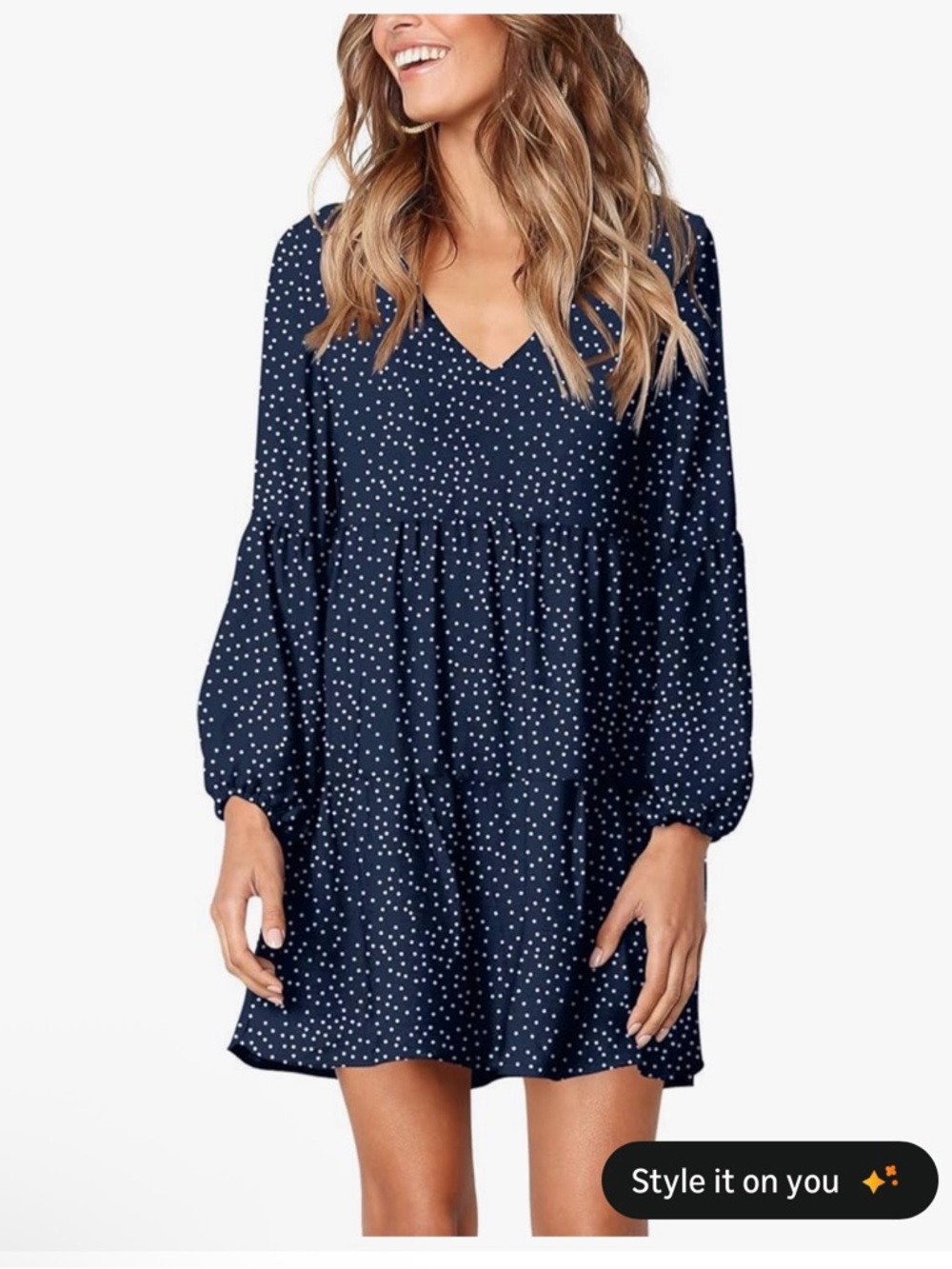 Navy Polka Dot V-Neck Long Sleeve Mini Dress
